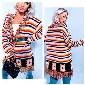 NWT! COLORFUL GEO/STRIPED PATTERN FRINGE TRIM DROP SHOULDER OPEN FRONT CARDIGAN!